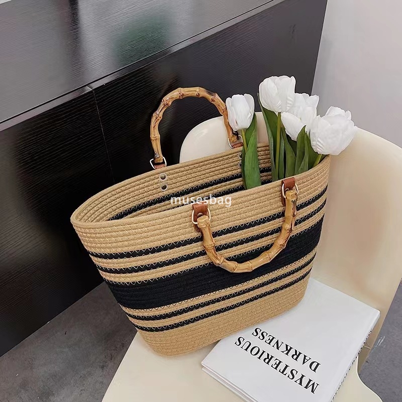 Elegant Women High end Practical Popular Weaving New Fashionable and Versatile Tote Bag Spliced One Shoulder Large Capacity Bamboo Knot Handheld Bag