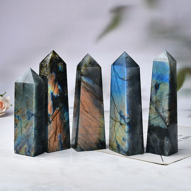 High Quality Labradorite Natural Stone Crystal Point Healing Quartz Wand Tower Moonstone Ornament for Home Decor Energy Stone