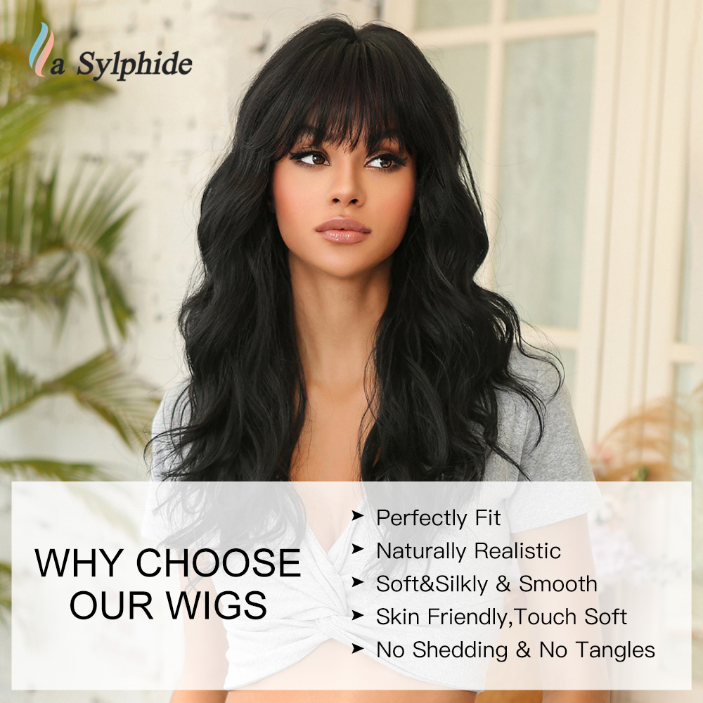 La Sylphide Black Wig with Bangs Long Water Wavy Wigs for Women Party Wigs Cosplay Daily Use High Density Fiber Hair