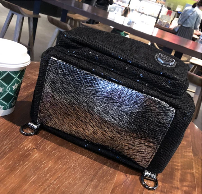 Mesh Iridescent Sparkle Shiny Paillette Convertible Backpack Handbag 2024 Big Capacity Multi Pockets Work Black Short Handle Bag
