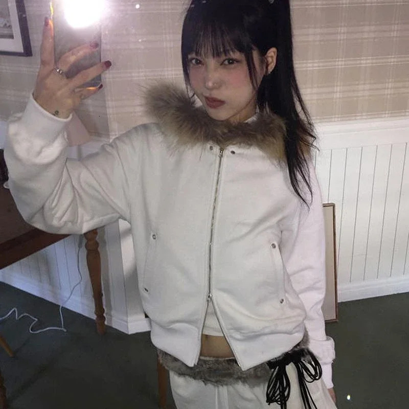 Fairy Fur Patchwork Fashion Sweatshirts Vintage Grunge All Match Womens Coats Double Zippers Casual Hoodies Y K Aesthetic Femme