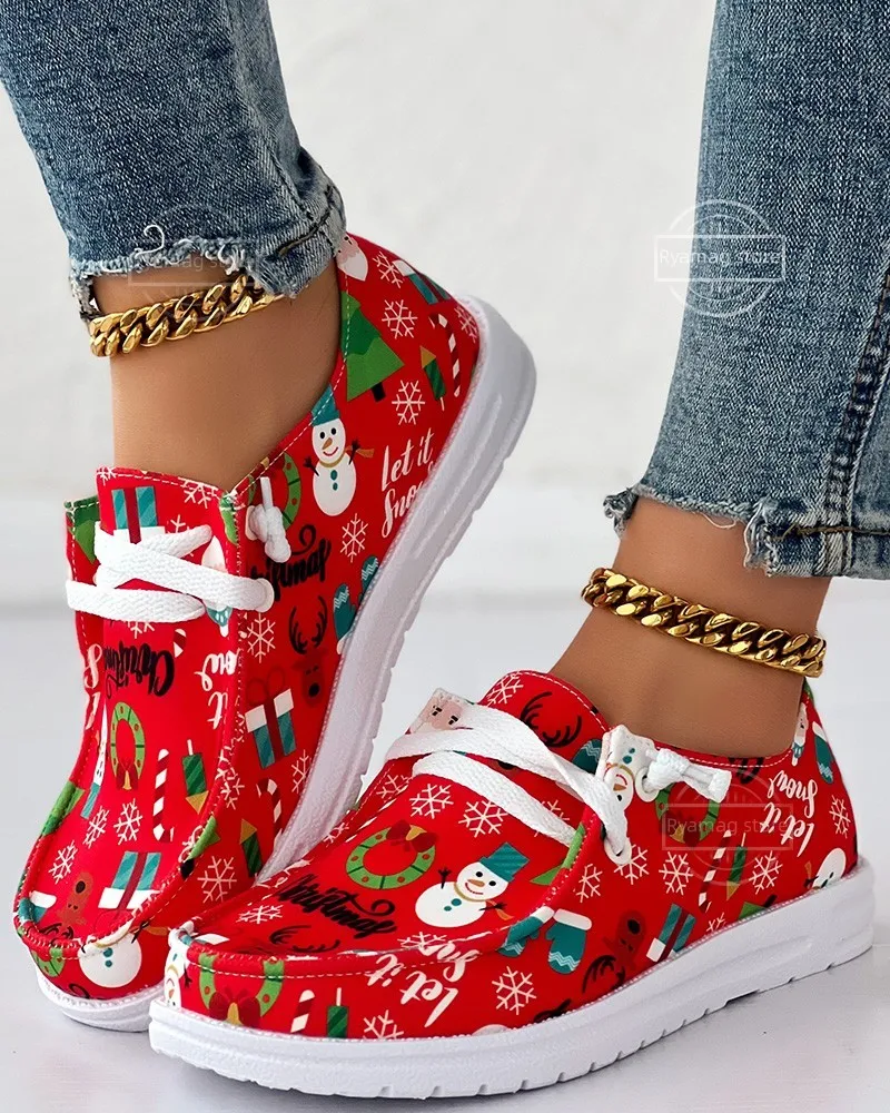 Snowman Elk Women's Christmas Lace-up Canvas Loafers Flat Vulcanized Casual Sneakers Shoes 4