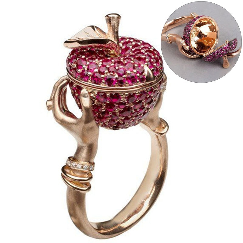 Luxury Crystal Apple Wedding Ring Unisex Punk Hip Hop Secret Compartment Rings for Women Men Anniversary Gift Jewelry