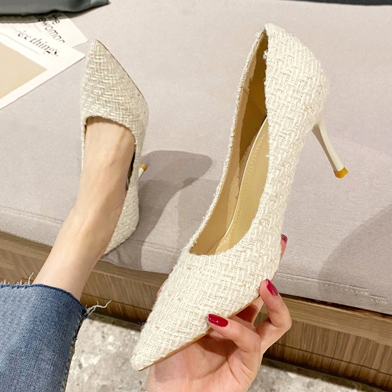 Cloth Tweed Pointed Toe Pumps Ladies Elegant Thin High Heels Office Women Brand Designer Slip On Stiletto Heel Party Shoes 3198