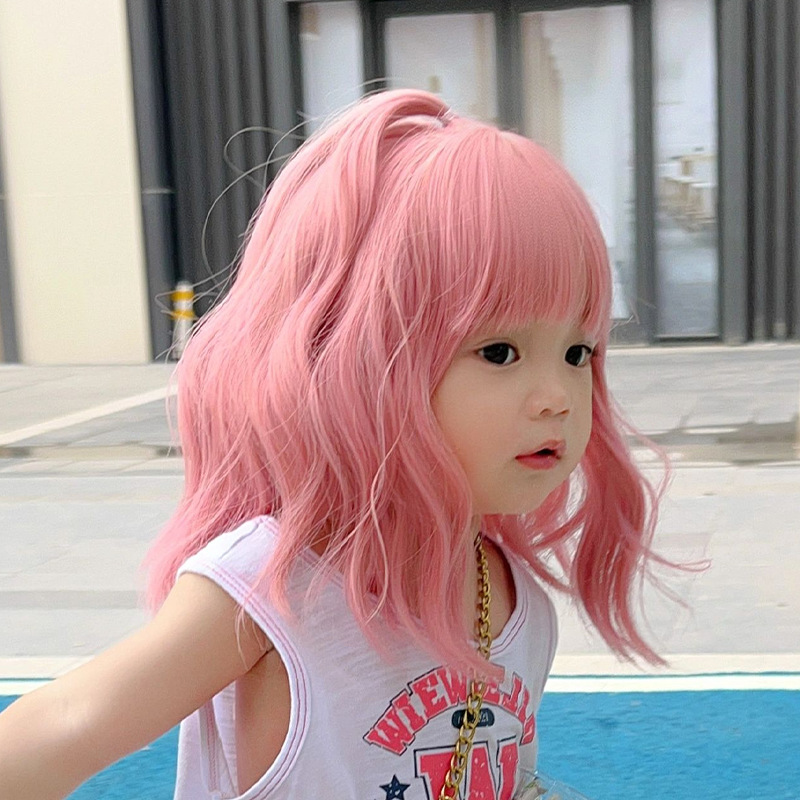 Children's Wig Girl Pink Medium Length Curly Hair Baby Bubble Face Hairstyle Baby Cute Reborn Doll Accessories Kids Head Cover
