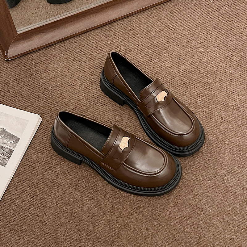 2024 Spring and autumn small leather shoes metal buckle thick soled single shoes for women round head square with a slip-on loafers