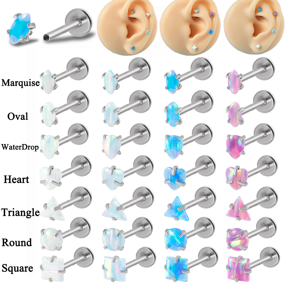 1PC Surgical Steel Claw Opal Stone Helix Earring Labret Lip Piercing Square Heart Round Shape Internal Thread Piercing Jewelry