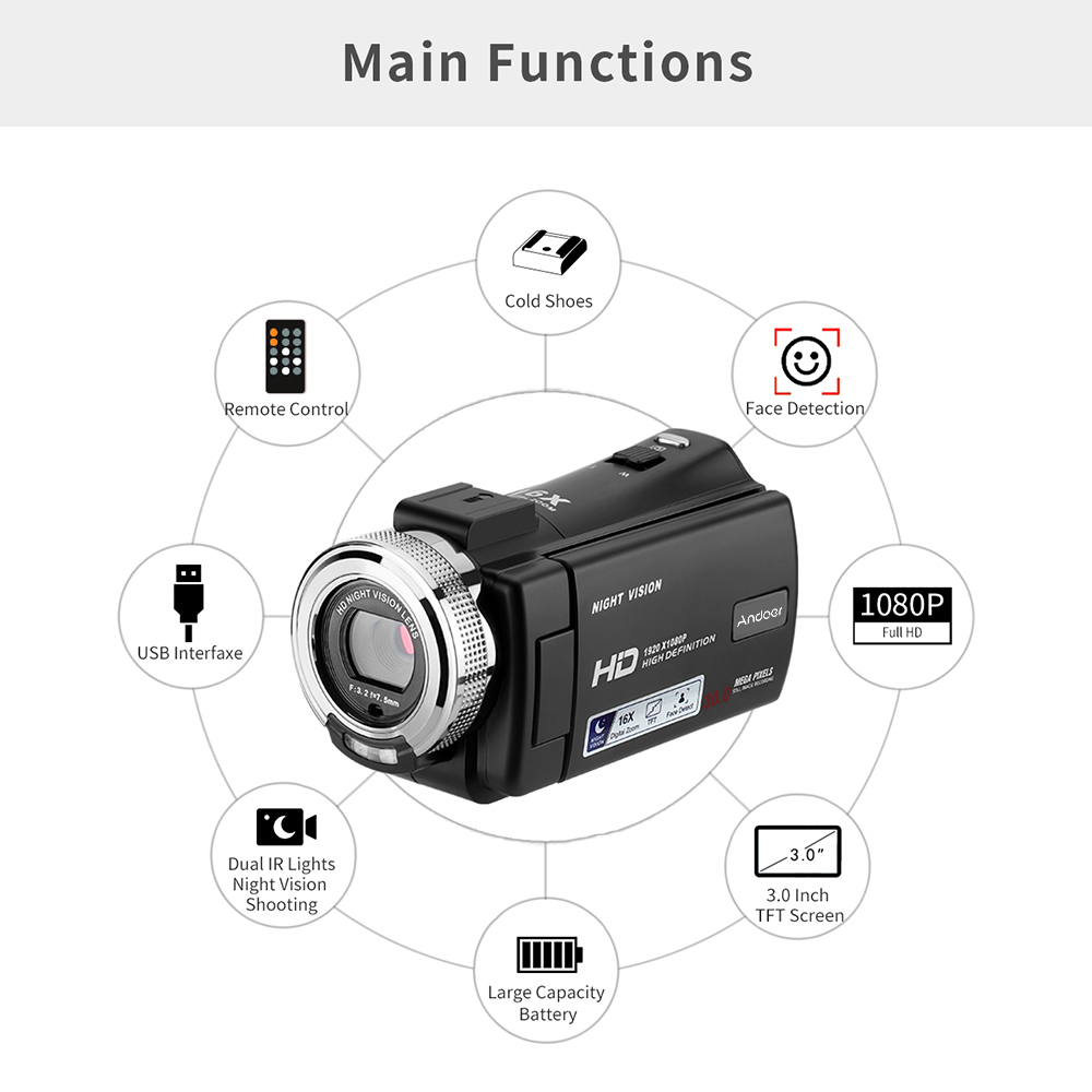 Andoer V12 Digital Video Camera 1080P 30MP HD 16X Zoom Portable Recording Camcorder 3.0 Inch Rotatable LCD Screen Night Vision