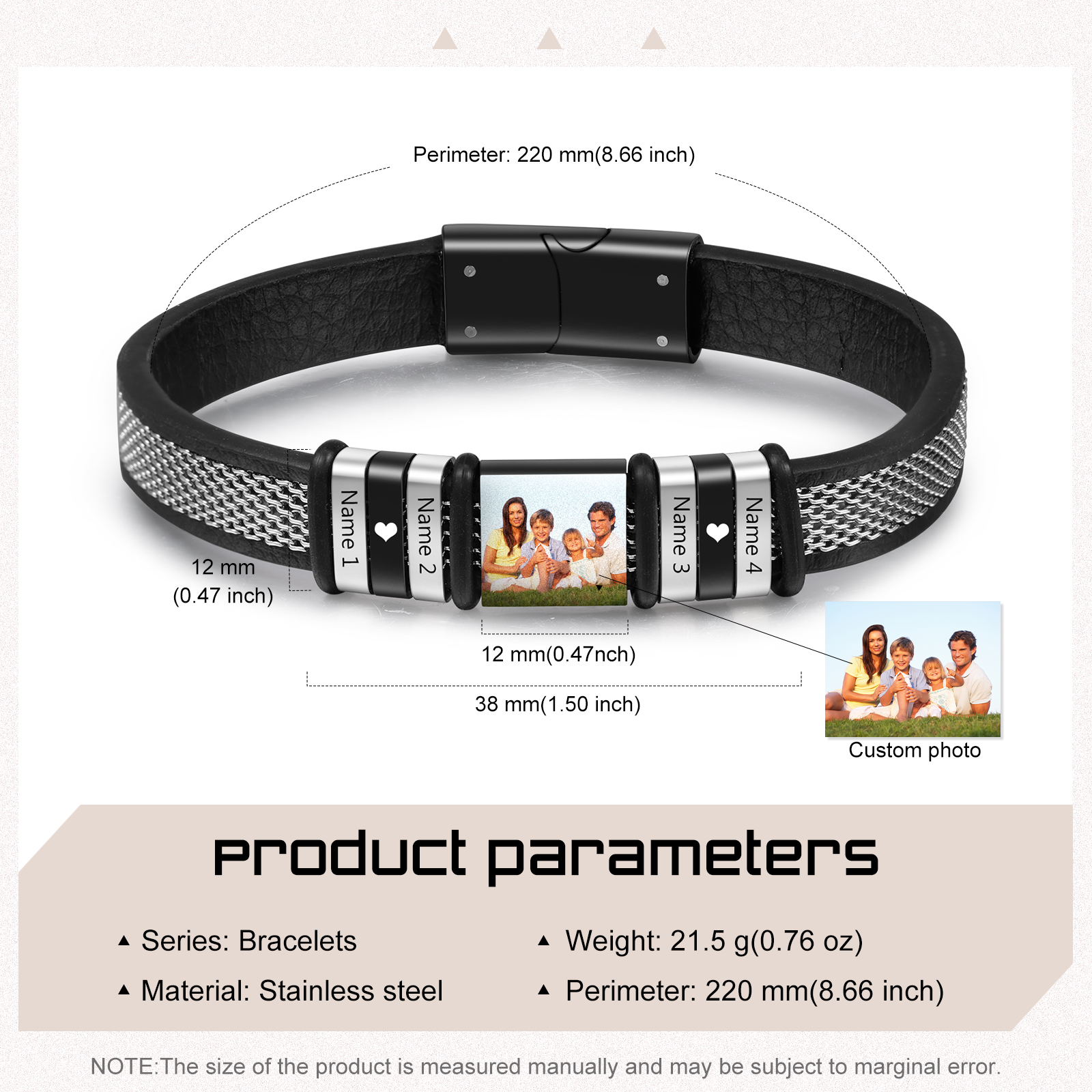 Personalize Men Photo Bracelets with Beads Family 1-4 Kids Child Names Charm Bangle Black Jewelry Gift for Father Dad Grandpa