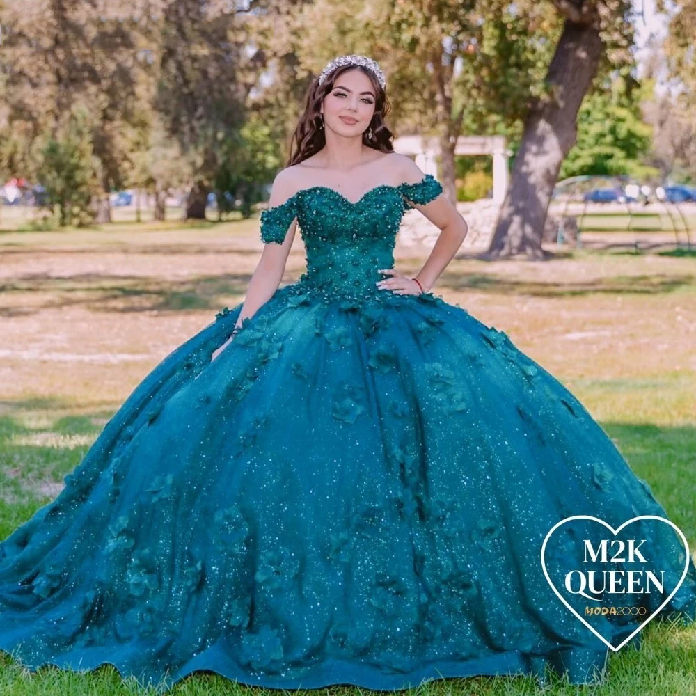 Mexican Dark Green Quinceanera Dress Ball Gown 3D Floral Applique Beading Corset Sweet 16 Vestidos De 15 Anos