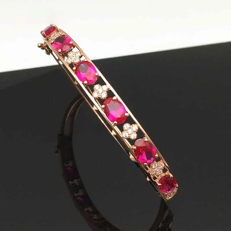 Designer creativity 585 Purple Gold Luxury Ruby flower Bracelet for Women Plated 14K Rose Gold Wedding Bangles Banquet Jewelry
