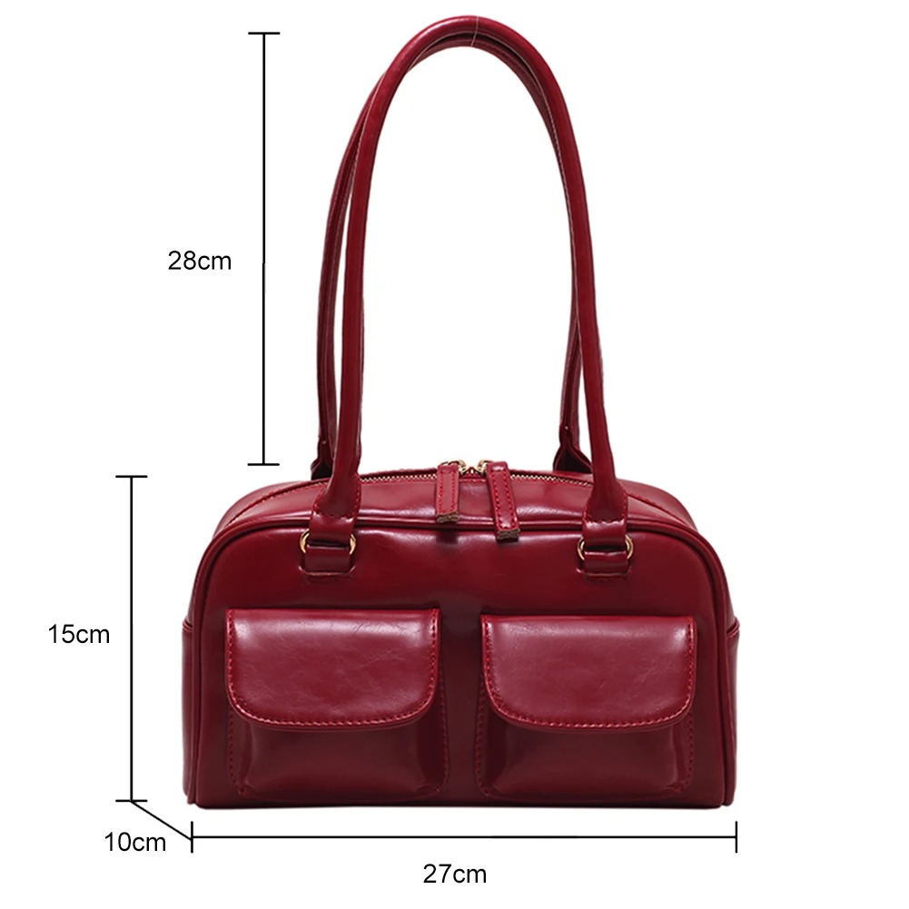 Retro Red Women's Satchel Hobo Bag Patent Leather Multi Pocket Luxury Designer Handbag Female Shoulder Armpit Bag Tote Purses