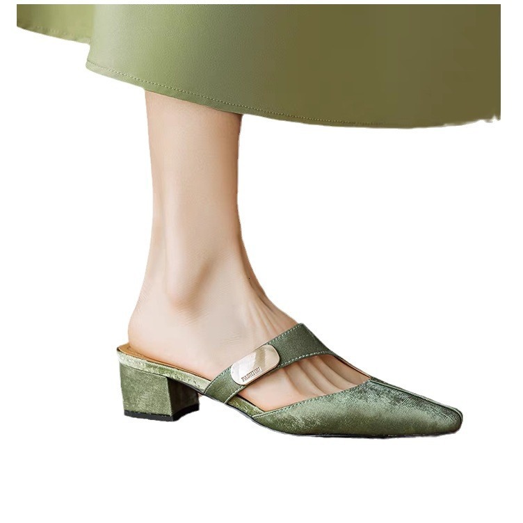 Chinese Style Baotou Half Slippers For Women New Summer Square Headed One Step Thick Heel Sandals With Hollow Embroidered High Heels Ddmysheep Ddmyshe