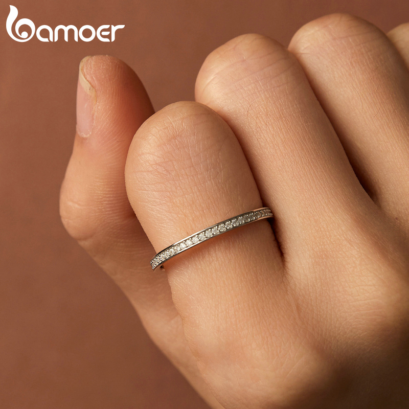 BAMOER Moissanite Wedding Band 925 Sterling Silver Eternity Rings Platinum Plated Lab Created Diamond Stackable Ring for Women