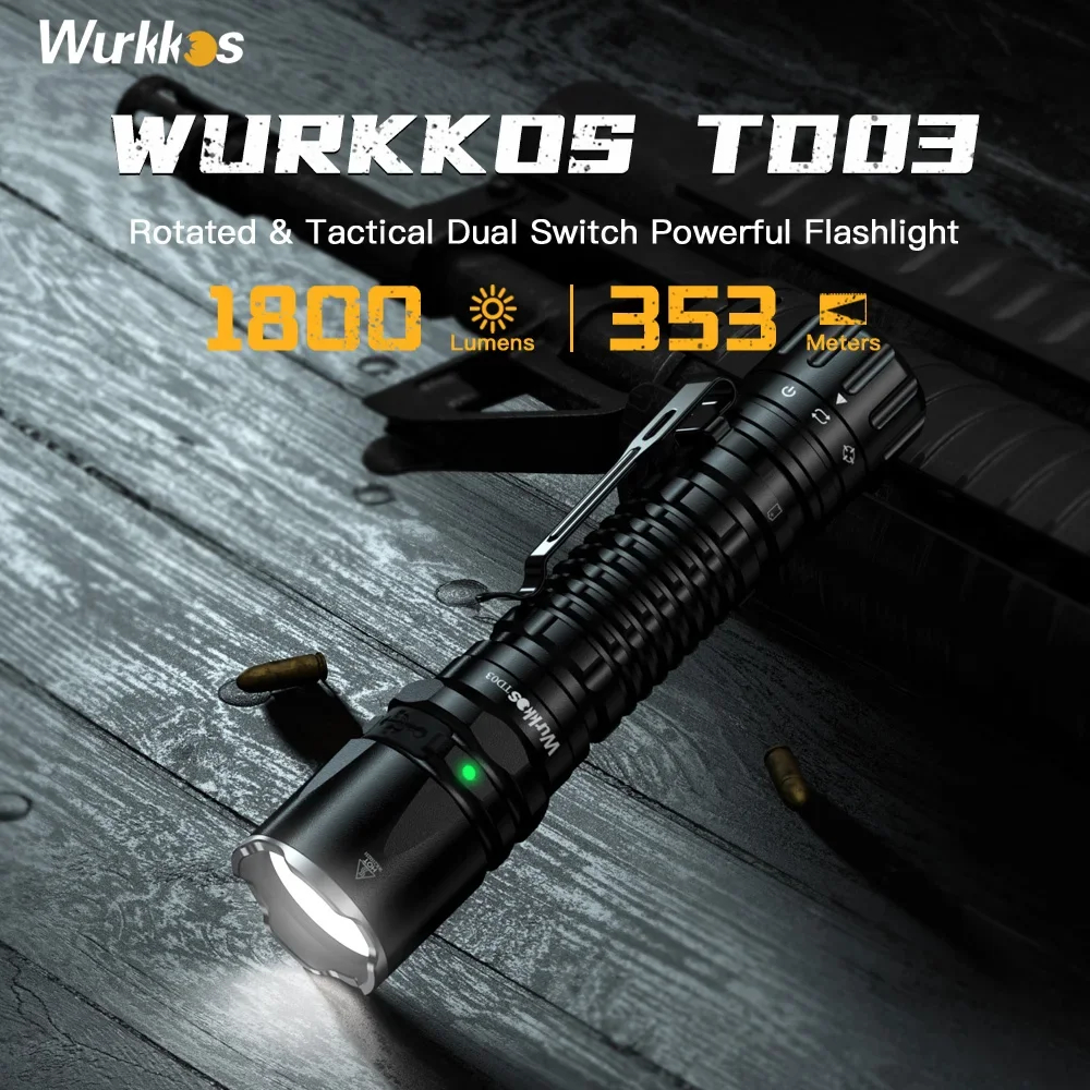 Wurkkos TD03 18650 Rechargeable Tactical Flashlight SFT40 USB-C 1800Lm Rotary Switch Torch Throw 353M IP68 EDC Self Defense