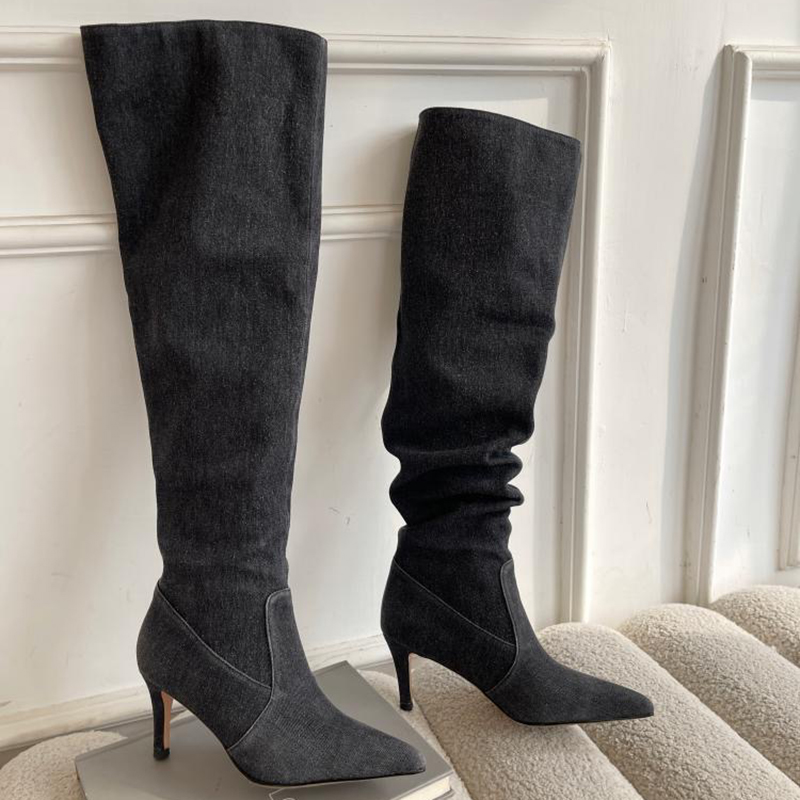 Pleated High Heels Denim Boots for Women 2023 Autumn Jeans Knee High Cowboy Boots Woman Blue Thin Heeled Long Botas Feminina