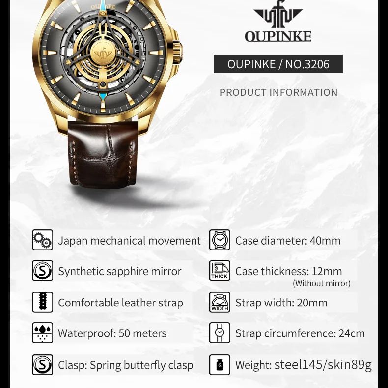 OUPINKE 3206 Men's Automatic Mechanical Watch Japan Imported Movement Sapphire Mirror Original Leather strap Wristwatch Male