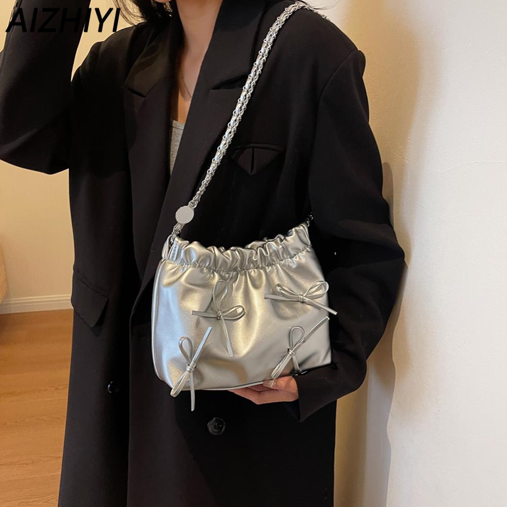Cute Bow Tie Design Crossbody Bags for Women Y2K Silver Luxury Handbags PU Leather Shoulder Bucket Bag Chic Clutch Women's Bags