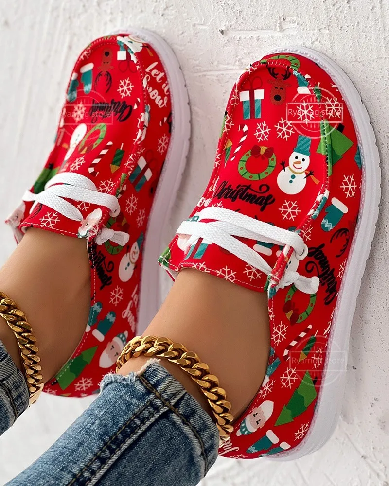 Snowman Elk Women's Christmas Lace-up Canvas Loafers Flat Vulcanized Casual Sneakers Shoes 4