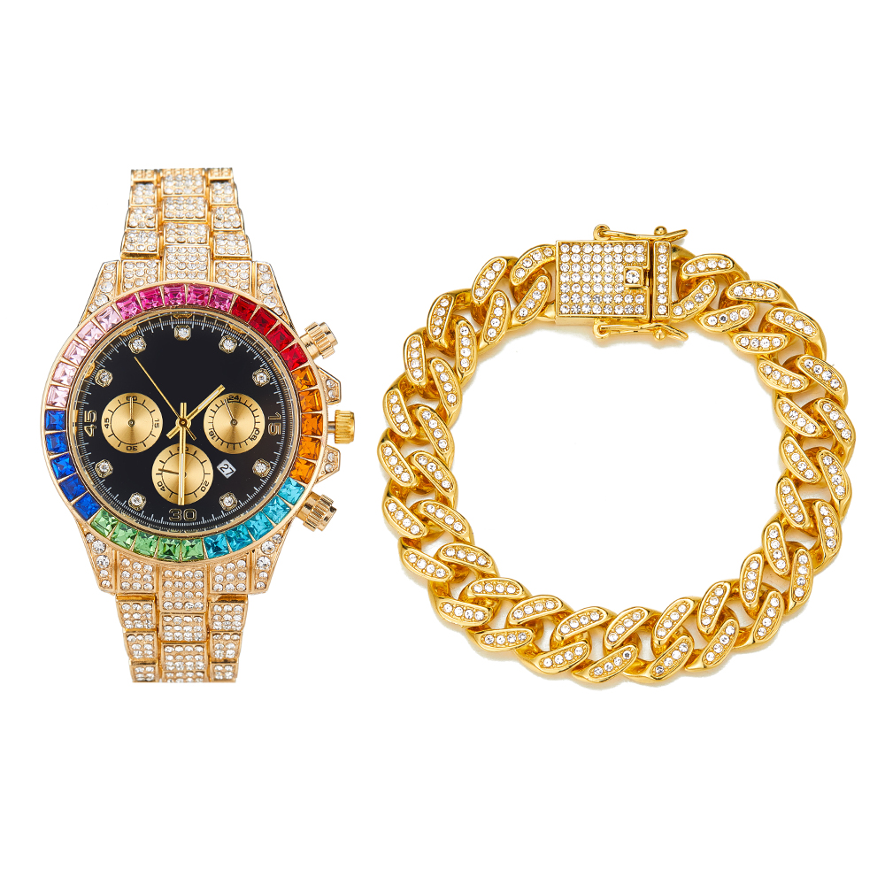 Rock Style 14K Golden Plated Men's Watch Set Colorful Baguette CZ Dial with Iced out Cuban Chain Bracelet Set with gift box