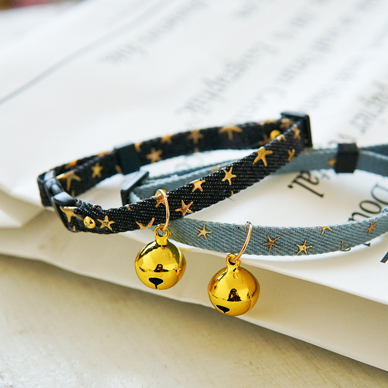 Denim Breakaway Cat Collars with Bell Cat Pendant Kitty Kitten Collars Blue Collar for Female Girl Cats Male Boy Cats Star Print