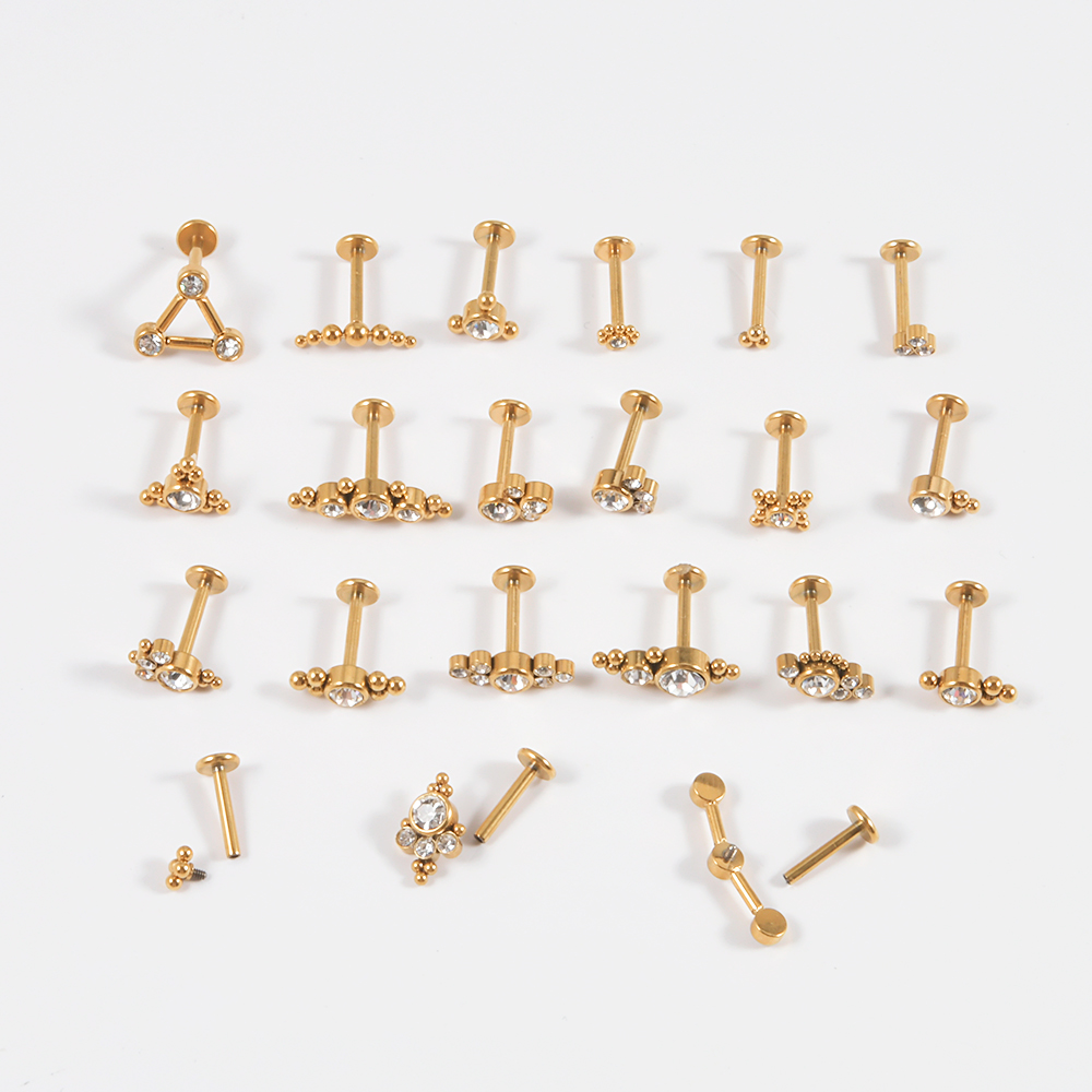 12PCS 316L Surgical Steel 16G Cz Labret Lip Ring Gold Plated Crystal Cluster Ear Cartilage Tragus Helix Lobe Earrings Piercing