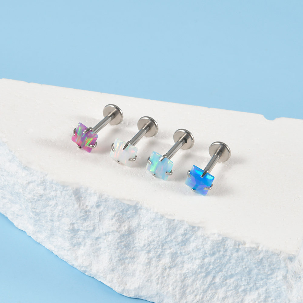 1PC Surgical Steel Claw Opal Stone Helix Earring Labret Lip Piercing Square Heart Round Shape Internal Thread Piercing Jewelry