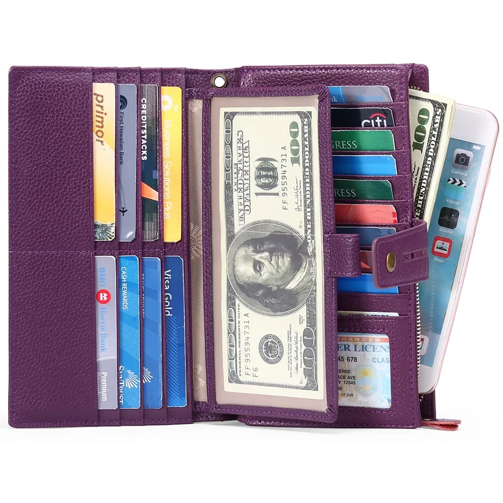 Women Long Genuine Cow Leather Wallets Vintage Purse Large-capacity Clutch Phone Card Holder High-quality Handbag Money Clip 8Z