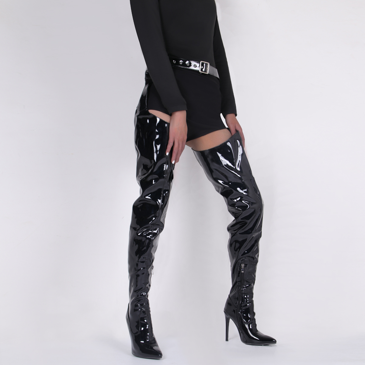 Winter Women's High Knee 2025 Boots Low Heel Belt Buckles new Elastic Over Ther Knee Boots Female Big Size Leather Shoes Thigh Boots