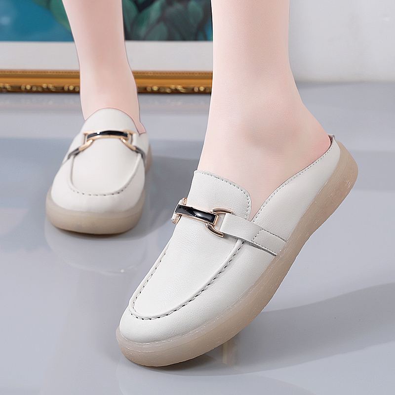 Genuine Leather Women Casual Sneakers White Flat Shoes Summer Women Half Loafers Ladies Breathable Nursing Shoes Zapatos Mujer