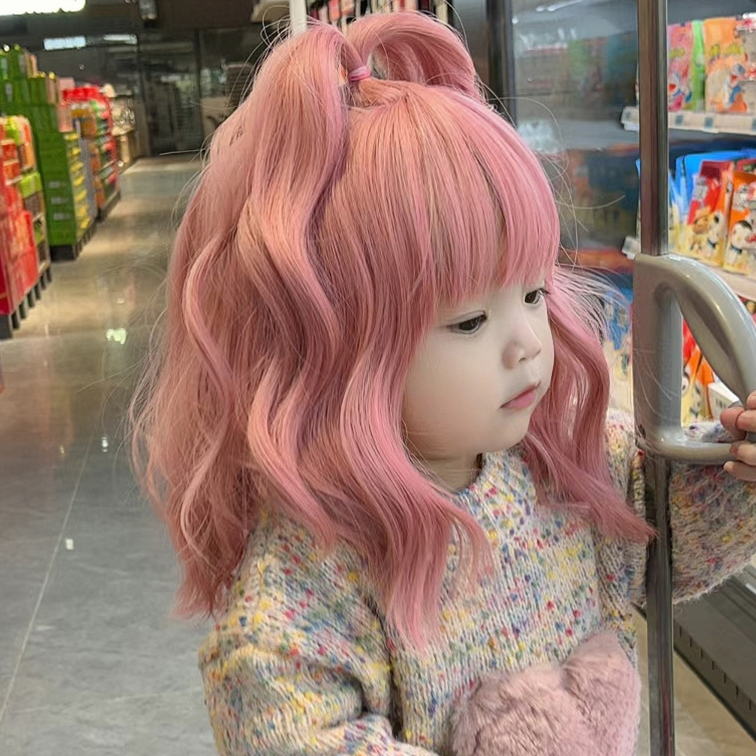 Children's Wig Girl Pink Medium Length Curly Hair Baby Bubble Face Hairstyle Baby Cute Reborn Doll Accessories Kids Head Cover