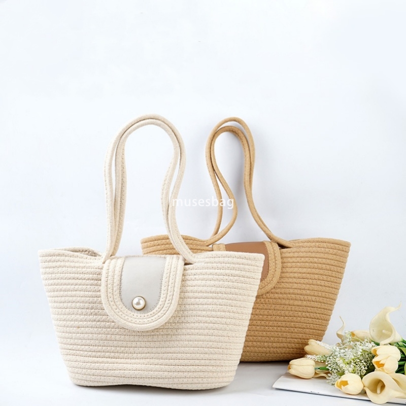 High Quality Women's Designer Classic and Practical Large Capacity Cotton Rope Bag Retro Handheld Vegetable Basket Bag New Island Photo Beach One