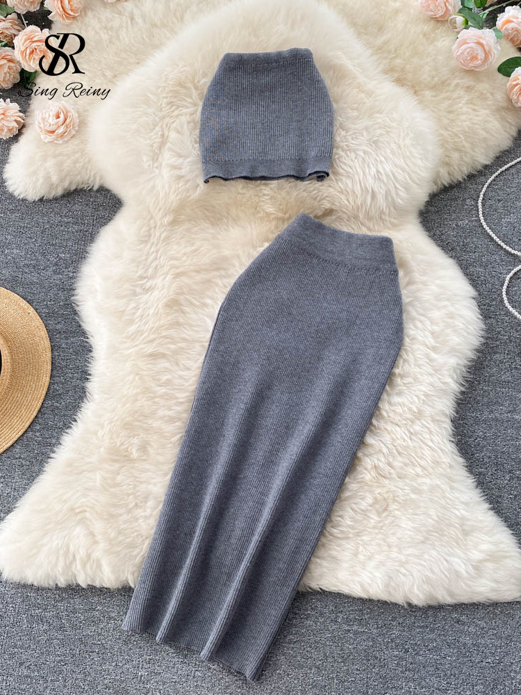 SINGREINY Solid Knit Slim Beach Women Set Summer 2022 Y2K Short Tops Party Sexy Ladies Elastic Waist new Midi 2025 Skirt Two Piece Sets