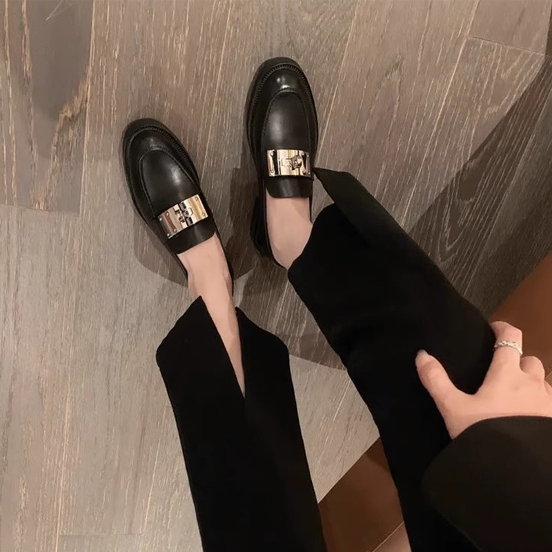 Silver Lock Buckle Thick Bottom Black Leather Shoes 2023 Round Toe Thick Heel Oxford Loafers Platform British Shoes for Women