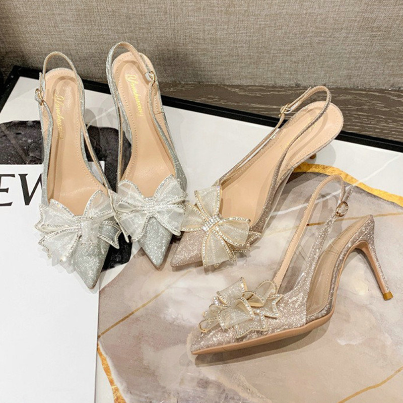 Pointed New Bridal Wedding Shoes Sparkly Material Rhinester Bow Head Back Empty Glass Glue High Heel Sandals wer Pumps e5d0