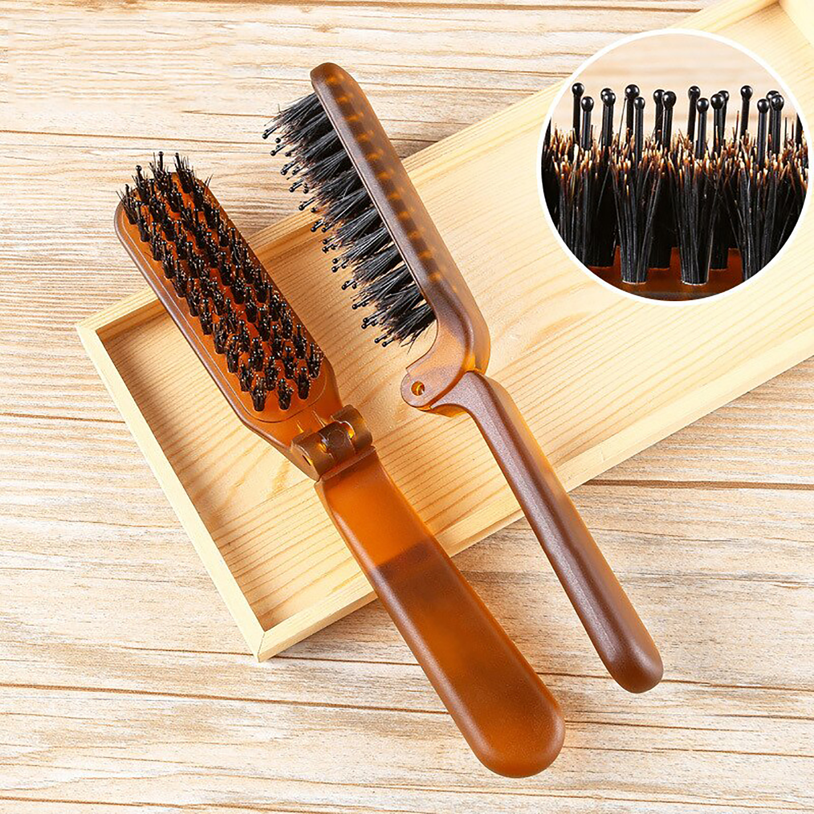 Boar Bristle Hair Brush Amber Foldable Portable Comb Pocket Collapsible Travel Massager Styling Tool