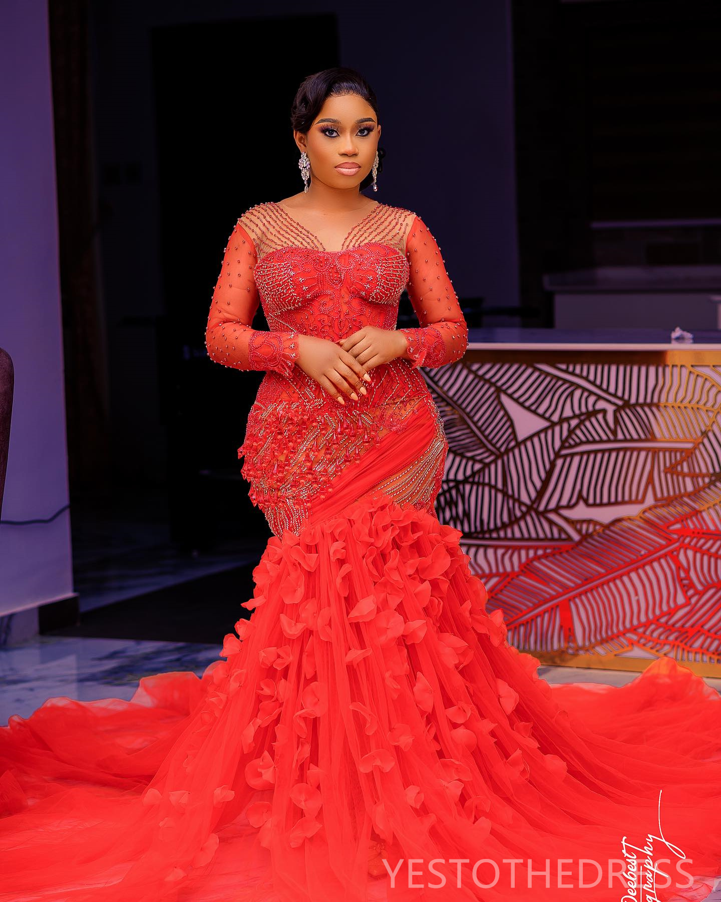 R&W 2024 Plus Size Red Prom Dress Mermaid Promdress Illusion Sheer Neck Long Sleeves Beaded Rhies ra Tiered Tulle Birthday Gown Second Reception Gowns