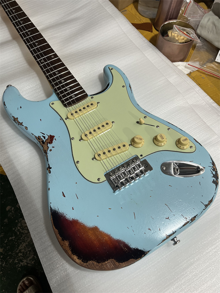 New 1959 Heavy Distressed Light Blue Over Sunburst Electric Guitar - Alder Body, Maple Neck, Aged Hardware, Nitro Lacquer Finish