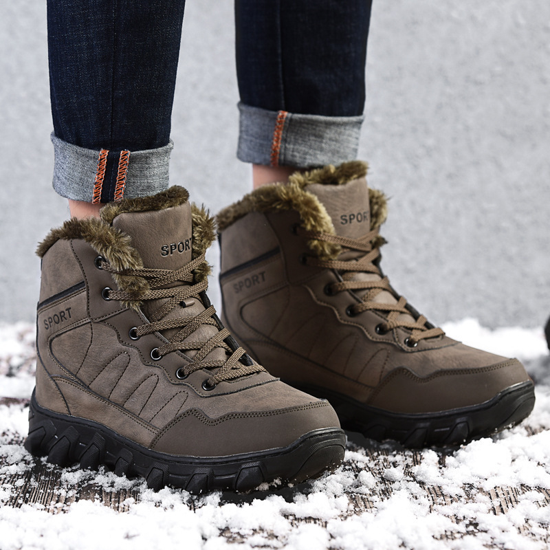 Cotton 2022 Winter New Leather Fur Integrated Snow Sports Outdoor Mountaineering Boots with Veet and Warm Men's Shoes