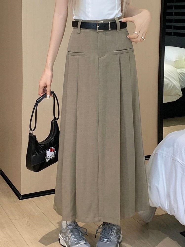 3Colors S-XL Spring Summer Female Skirts 2023 Women High Waist Suit pleated long A line Maxi Skirt Female+belt (L5121)