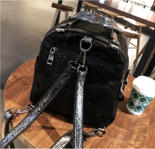 Mesh Iridescent Sparkle Shiny Paillette Convertible Backpack Handbag 2024 Big Capacity Multi Pockets Work Black Short Handle Bag