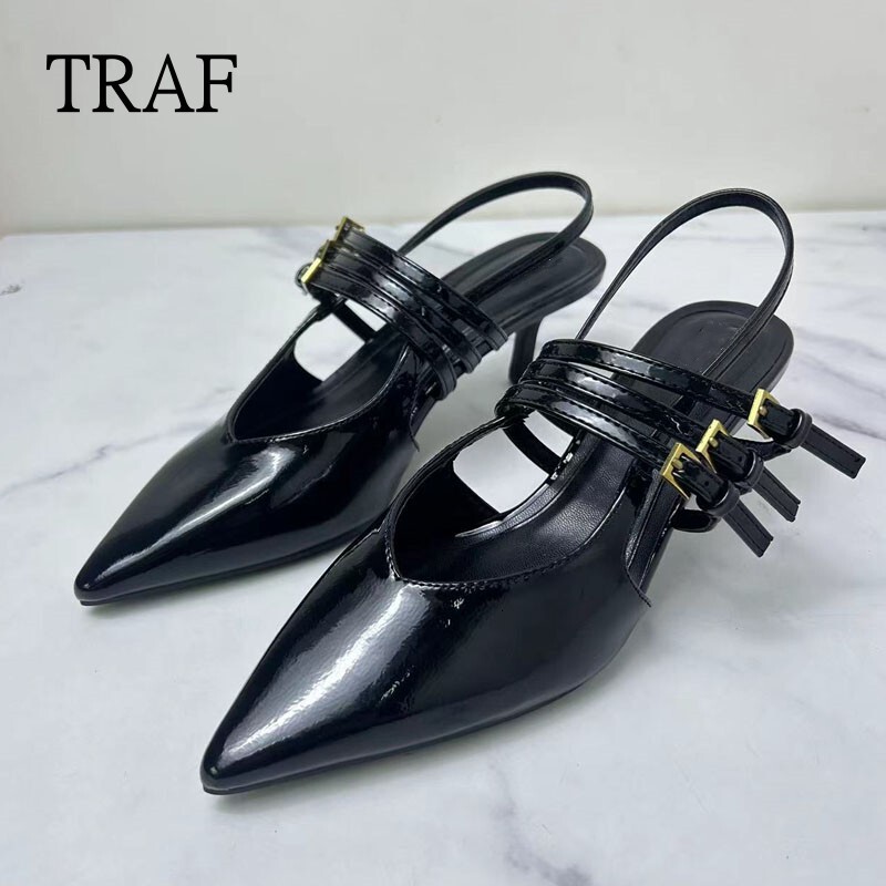 TRAF Heeled 2024 Summer High Heels Pointed Female Pumps Thin Band Buckle Sandals Muller Shoes For Women Office