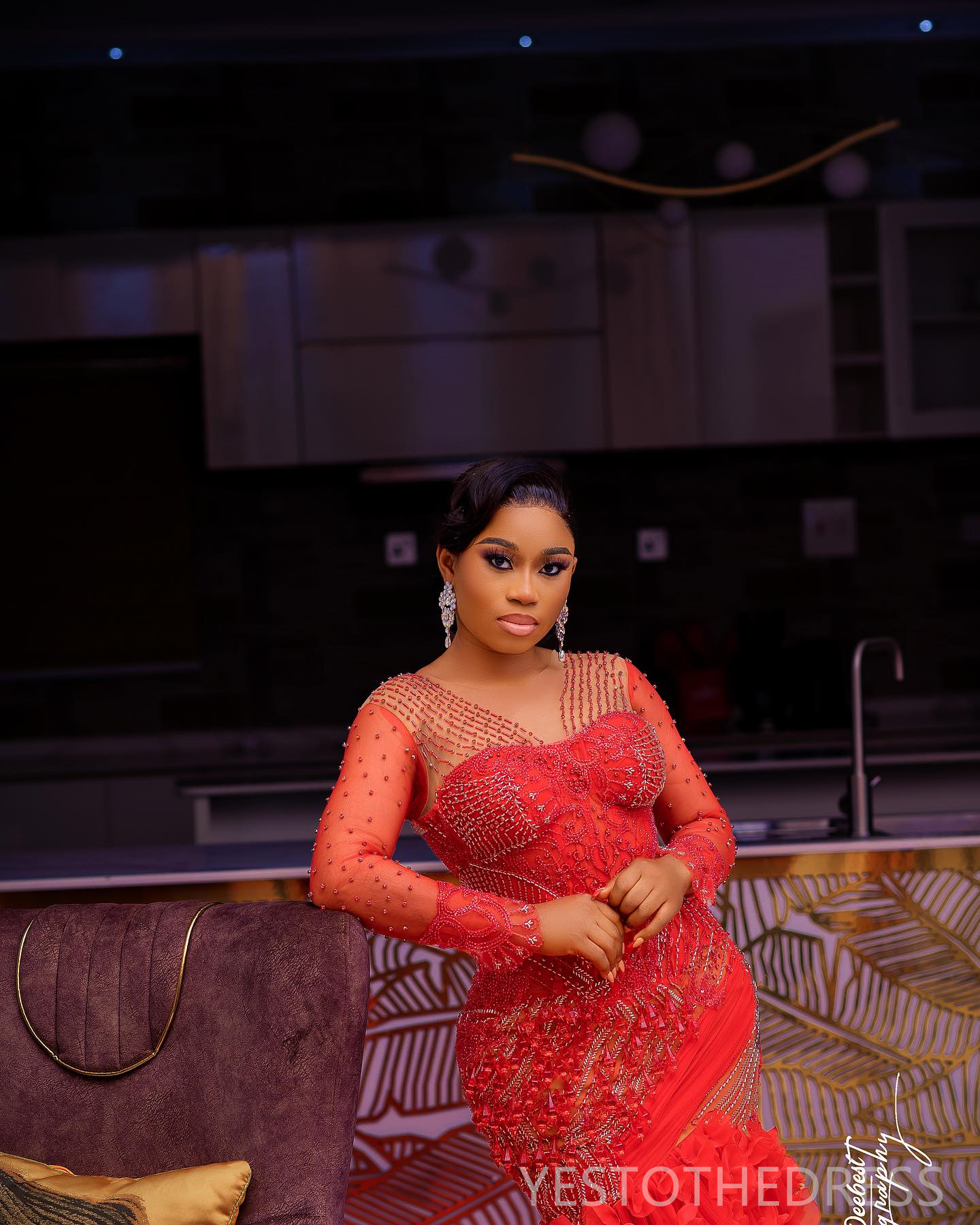 R&W 2024 Plus Size Red Prom Dress Mermaid Promdress Illusion Sheer Neck Long Sleeves Beaded Rhies ra Tiered Tulle Birthday Gown Second Reception Gowns