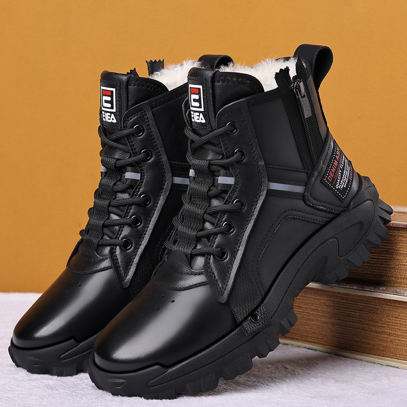 Genuine Leather Men Natural Fur Warm Ankle Snow Boots Unisex Outdoor High-top Motorcycle booties Non-slip Shoes Hiking Trainers