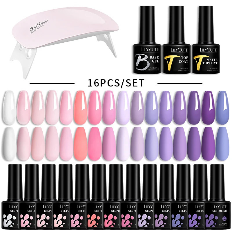 LILYCUTE 7ML Gel Nail Polish Set Glitter Nail Gel Kit With 6W UV Lamp DIY Manicure Soak Off Base Matte Top Coat Nail Art Gel 240621
