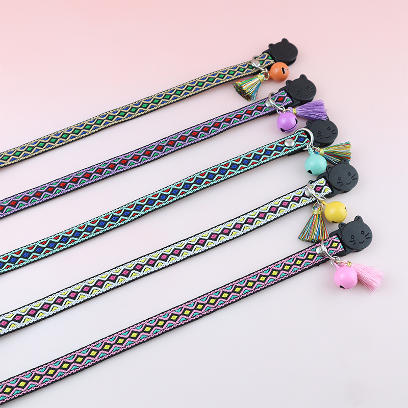 Pet Cat Collar Bell Tassel Colorful Rhombus Ethnic Style Pet Collar Adjustable Cat Collars for Kitten and Puppy Pet Accessories