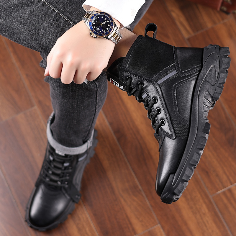 Genuine Leather Men Natural Fur Warm Ankle Snow Boots Unisex Outdoor High-top Motorcycle booties Non-slip Shoes Hiking Trainers