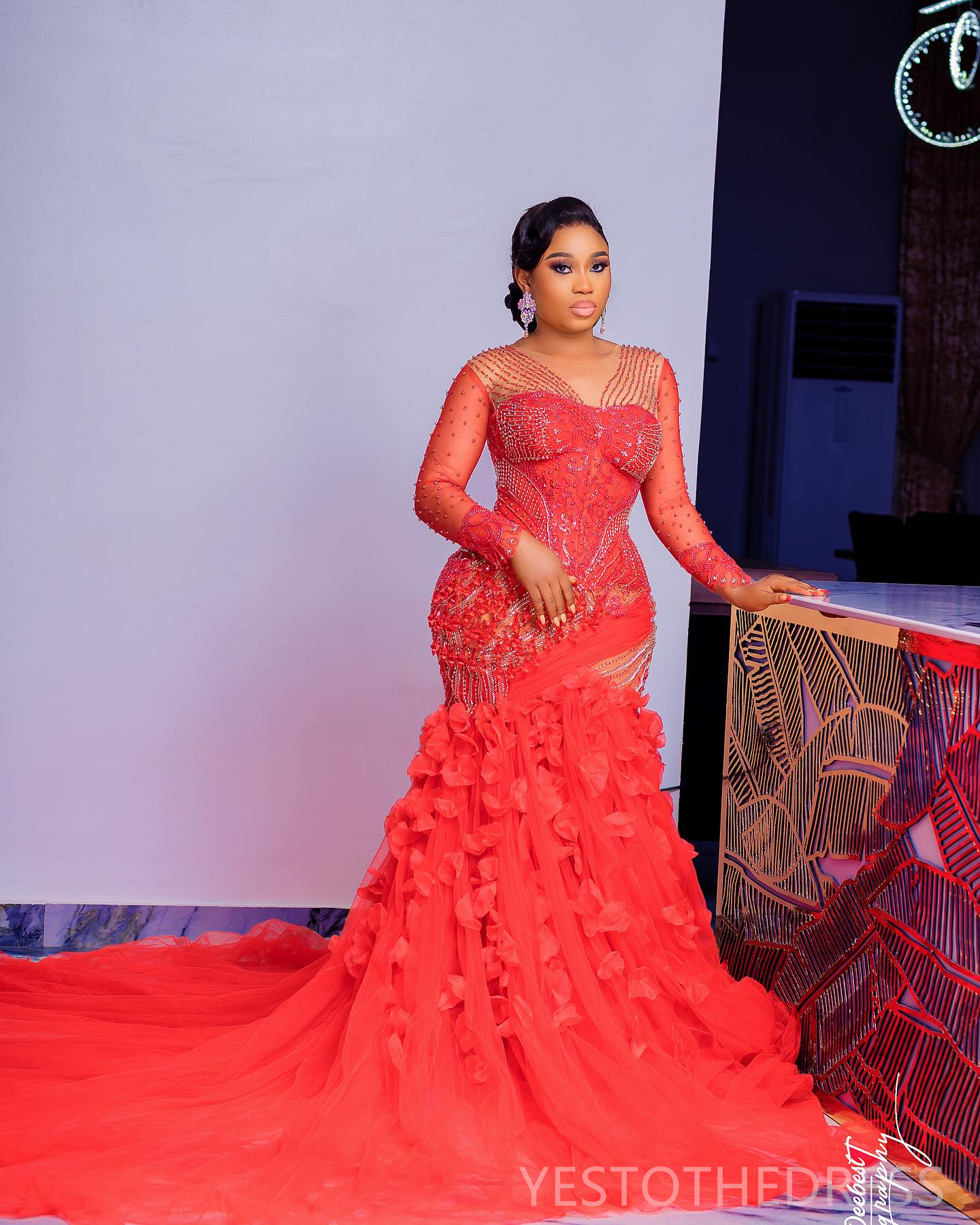 R&W 2024 Plus Size Red Prom Dress Mermaid Promdress Illusion Sheer Neck Long Sleeves Beaded Rhies ra Tiered Tulle Birthday Gown Second Reception Gowns