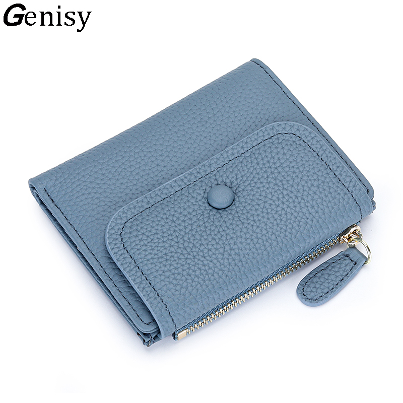 Brand Women Wallets Flip Trifold Coin Purse Genuine Leather Natural Textured Leather Card Holder Zipper Soft Cowhide Card Wallet