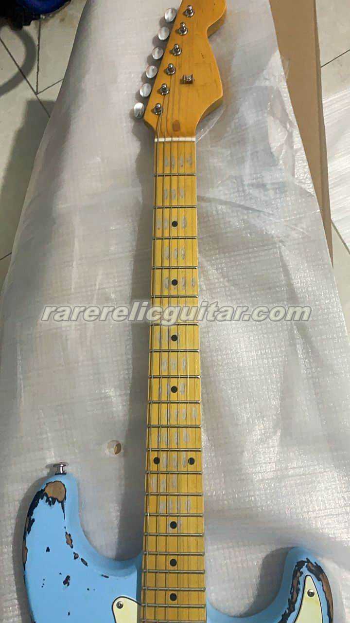 New 1959 Heavy Distressed Light Blue Over Sunburst Electric Guitar - Alder Body, Maple Neck, Aged Hardware, Nitro Lacquer Finish